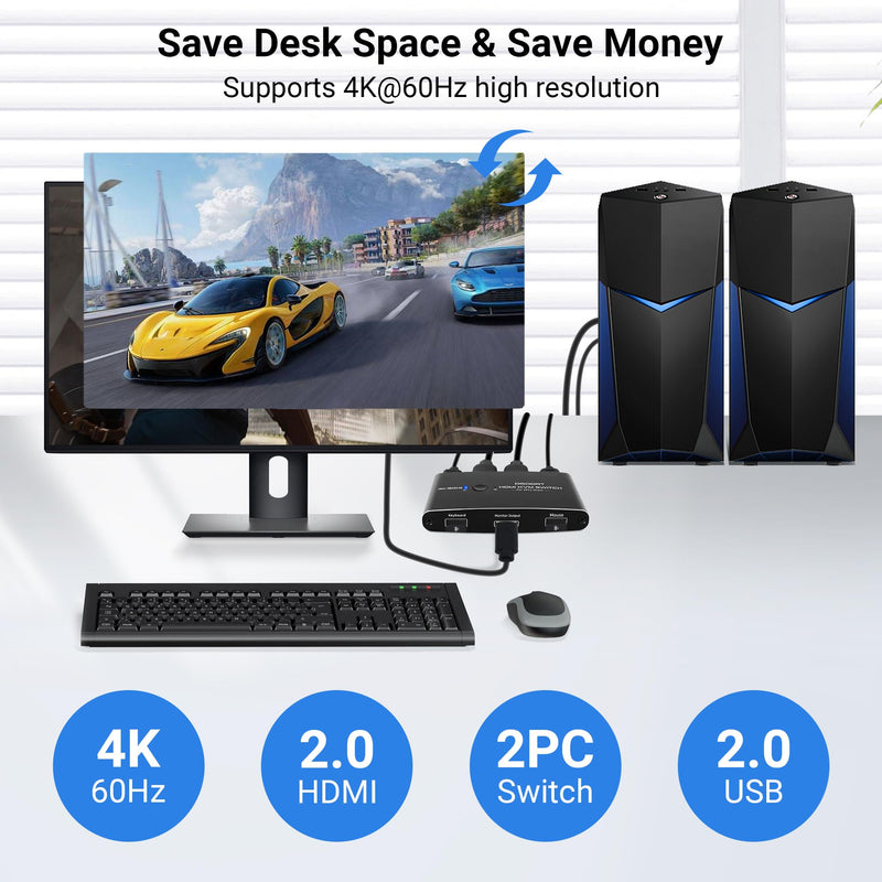 DGODRT HDMI KVM Switch 2 Port 4K@60Hz HDMI USB Switch for 2 PCs Share 1 HD Monitor and 2 USB Devices, Including 2 USB Cables & 2 HDMI Cables