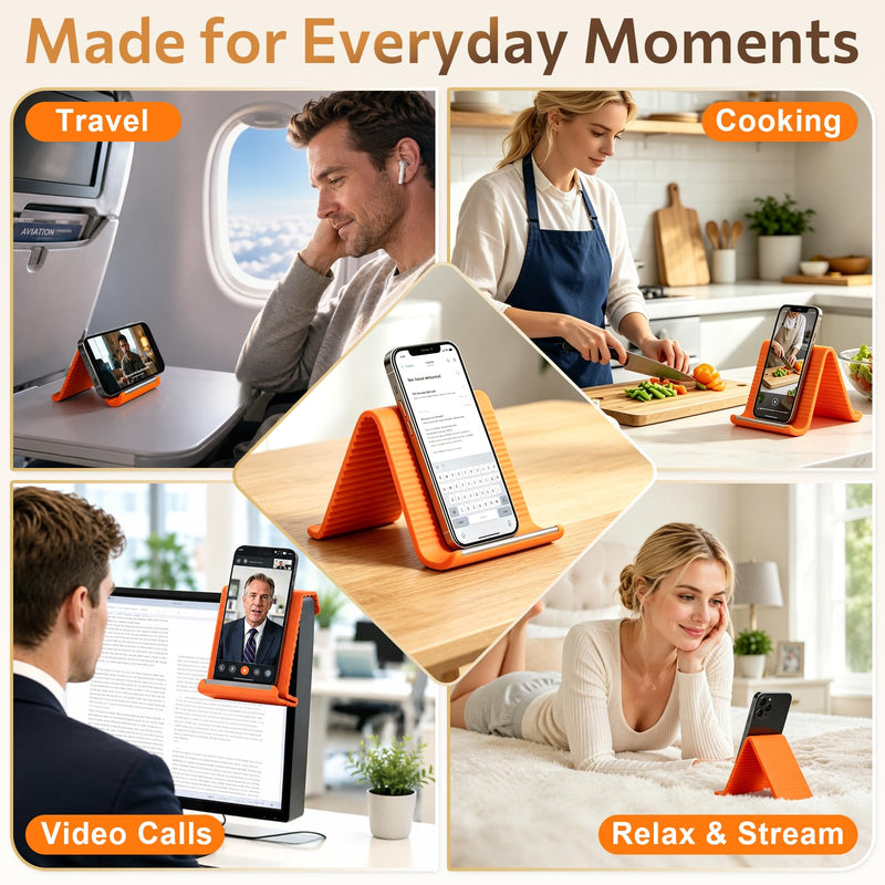 Flexible Silicone Phone Stand with Aluminum Core, Foldable Silicone Phone Holder for Cell Phones, Tablets & Small Devices, Adjustable Desktop & Airplane Phone Holder for Travel, Office & Home (Orange) Orange