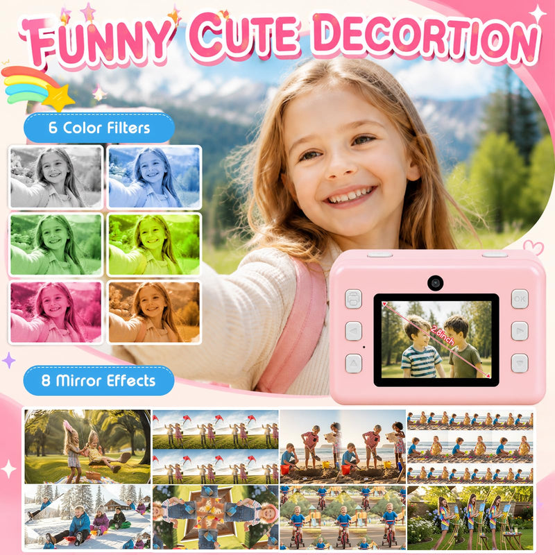 Instant Print Camera for Kids, 1080P Kids Camera Instant Print, Christmas Birthday Gifts for Kids Girls Age 3-12, Toddler Toy for 3 4 5 6 7 8 9 10 Year Old with 4 Roller Photo Paper (Pink) Pink