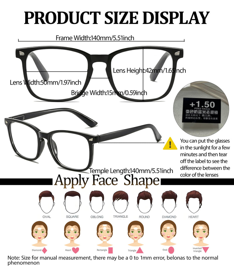 Blue Light Blocking Glasses Men Women Computer Filter Large Frame Bluelight Blocker, Scratch-Resistant Black&clear Photochromic Gray