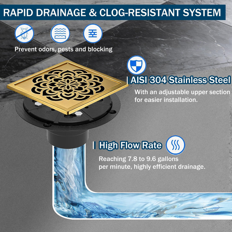 6 Inch Shower Drain, Square Shower Floor Drain Kit with Flange and Removable Cover Grate, AISI 304 Stainless Steel, Brushed Gold 6 inches