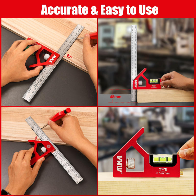 VNW 7inch Rafter Square and 12inch Combination Square Set -CNC-Machined Aluminum Alloy,Heavy Duty Carpenter Square for Woodworking and Home DIY