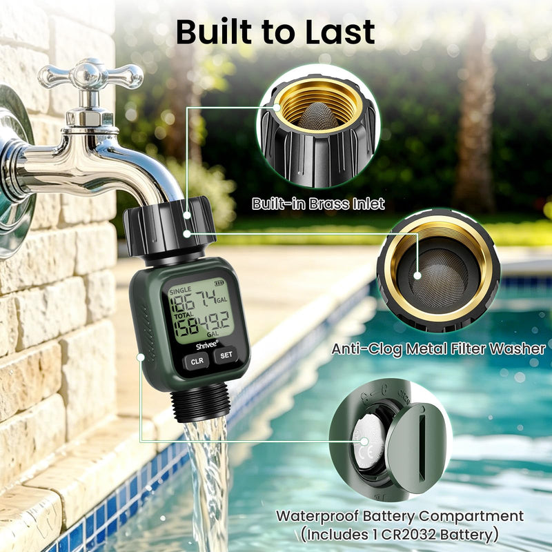 Water Flow Meter, ±5% Accuracy, Brass Inlet Metal Thread, 4 Measure Modes, Gallon/Liter Consumption & Flow Rate for Garden Hose, Lawn Sprinkler, RV Water Tank Filling, Nozzle Sprayer Built-in brass inlet