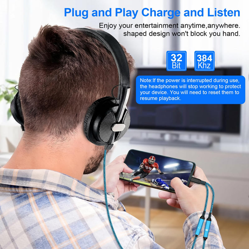 USB C Splitter 1 in 2 out Audio and Charger Adapter 60W iPhone 17 Charger Fast Charging Cable for iPhone 17e/17 Pro Max/17 Pro/16 Pro Max/16 Plus/16Pro/16/16e/15Pro Max/Plus/Pro,USB C Wired Headphones Blue-2