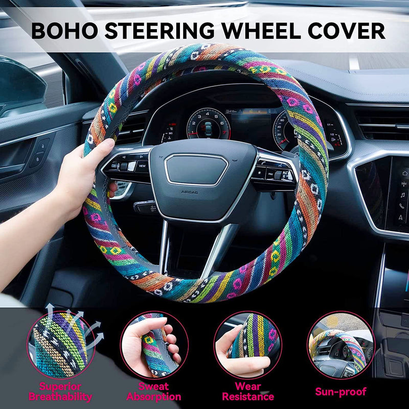 Boho Steering Wheel Cover Elastic Microfiber for Women, Universal Fit 15 inch Car SUV, Hippie Style Protector Cover, Anti-Slip, Breathable, Absorbing Sweat - 01 Colorful