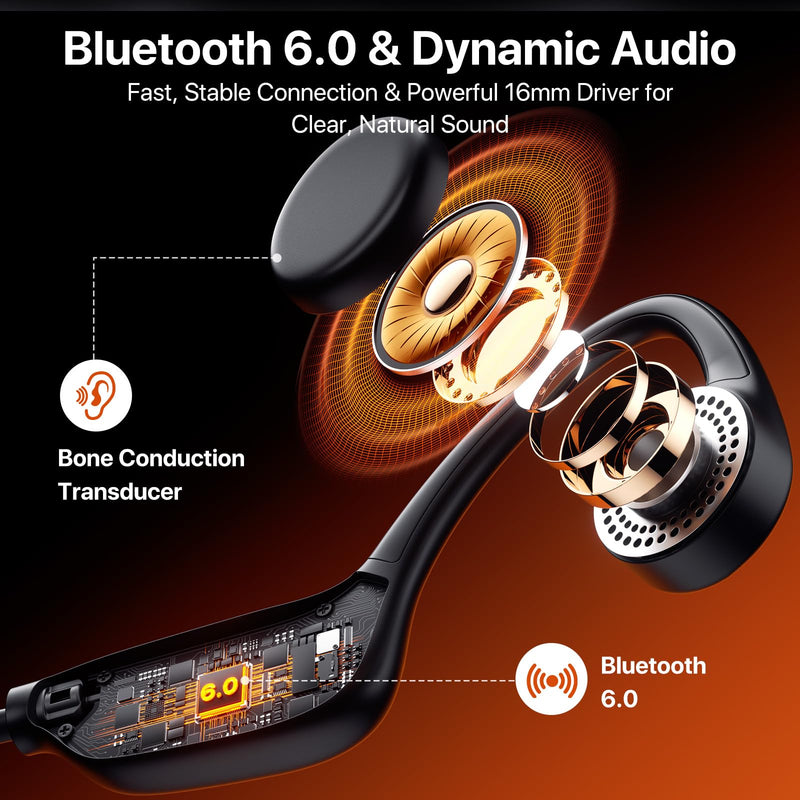Bone Conduction Headphones, Open Ear Sports Headphones, Wireless Headset with Mic, Bluetooth 6.0, 10H Playtime, IPX5 Sweatproof, Lightweight Secure Fit for Running, Cycling, Gym, Black