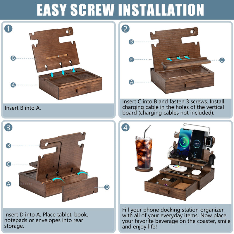 Wood Phone Docking Station for up to 3 Phones - Nightstand Organizer for Men & Women Holds Phones, Tablets, Keys, Rings, Glasses, Watches, EDC & More - with Special Drawer for Valuables Brown Ash Wood