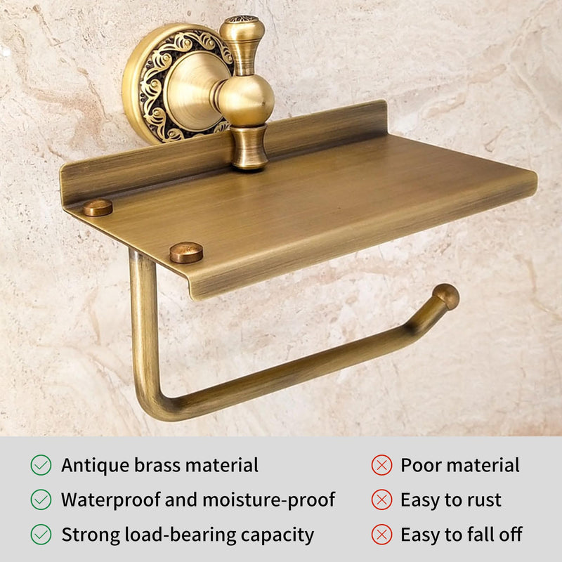 Toilet Paper Holder with Phone Shelf, Bathroom Toilet Paper Roll Holder Antique Bronze Brass Wall Mounted Bathroom Hardware Accessories,Pattern Carving Design