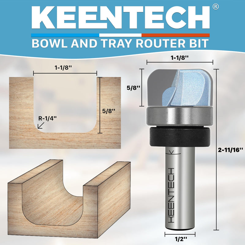 KEENTECH Router Bits, Top Bearing Dish Carving Bit for Edge Forming, Industrial Grade Blue Cutting Tools for Woodworking (1/2 Inch Shank x 1-1/8 Inch Diameter - R1/4 Inch Radius, KT05011808B) 1/2"(Shank)1-1/8"(Dia.)5/8"(Depth)