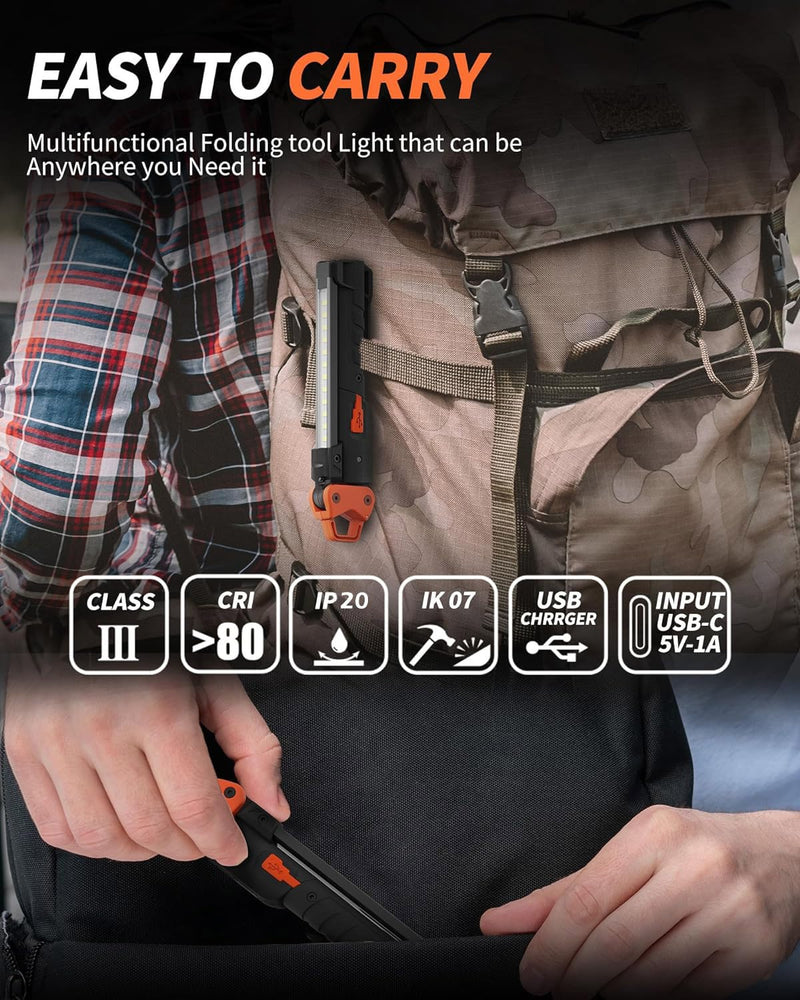 Led Work Light,400LM Foldable Mechanic Light, Rechargeable Flashlight with 5 Modes, 230° Rotate and Hook Magnetic Light for Car Repair, Camping, Grill（2 Pack Upgrade） 2 Packs with 180° Swivel