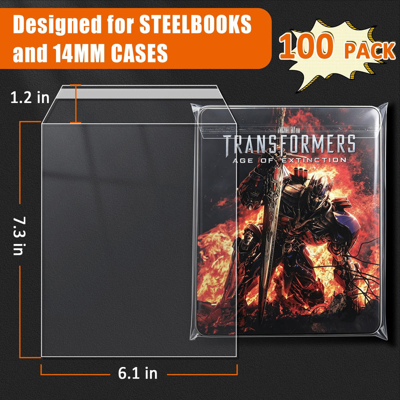 14 mm Blu-Ray Resealable Sleeves, Steelbook Protective Sleeves- Compatible with Blu-Ray, and HD-DVD, Pack of 100