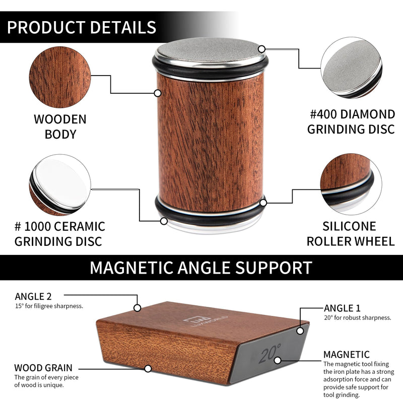 Rolling Knife Sharpener For Fine & Sharp Knife Sharpening | Professional & Pocket Knife Sharpener With Diamond & Ceramic Discs | 15 & 20 Degree Magnetic Angle (Brown)
