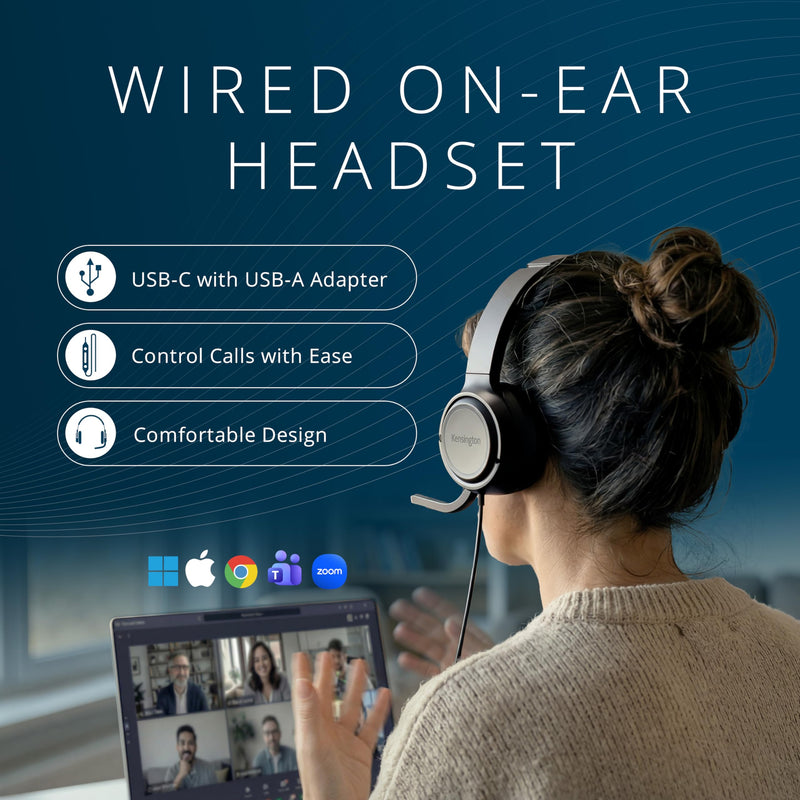 Kensington H950 EQ USB-C/USB-A On-Ear Headset with Noise-Cancelling Mic, Flip-to-Mute, in-Line Controls, Microsoft Teams & Zoom Compatible (K97468WW)