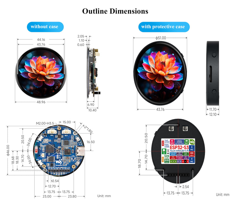 ESP32-S3 with 1.75inch AMOLED Round Touch Display Development Board, 466x466, QSPI Interface,Onboard Dual Digital Microphone Array, Support AI Speech Interaction, with 8Ω 2W Speaker and GPS Antenna