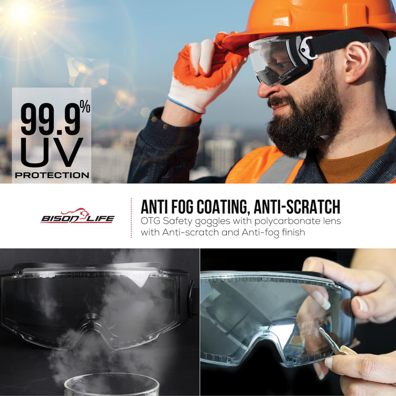 BISON LIFE SplashPro, Safety Goggles Over Glasses, ANSI Z87.1 Anti-Fog Safety Goggles, Impact & Scratch Resistant, Eye Protection Over Prescription Glasses, Adjustable Strap, Lab & Work Goggles