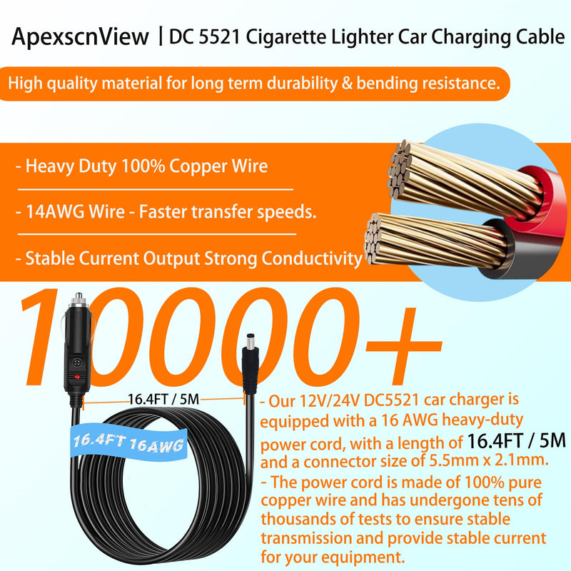 16.4FT DC 5.5mm x 2.1mm Car Charger Power Supply Cord, 16AWG DC5521 Car Cigarette Lighter Extension Power Supply Adapter Cable for Cars, Trucks, Buses and Ships, Etc (16.4 FT, DC5521) 16.4 FT, DC5521