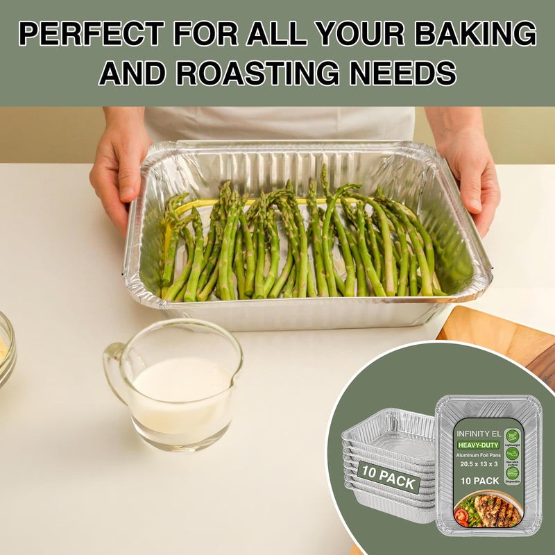 INFINITY EL 10 Pack FULL SIZE DEEP Disposable Aluminum Foil Pans 20.5" x 13" x 3", Aluminum Baking Pans | Heavy Duty Foil Pan for Roasting Turkey, Lasagna, Thanksgiving, Christmas (Full Size-Deep/10 Pack)