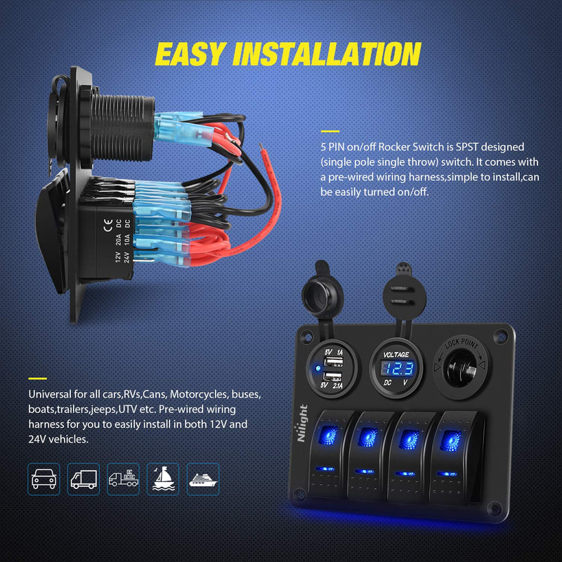 Nilight - 90117G 4 Gang Rocker Switch Panel Waterproof Pre-Wired Aluminum Switch Panel with Dual USB Cigarette Lighter Socket Voltmeter12V-24V DC ON Off Switch Panel for Cars Rvs Trucks, Blue