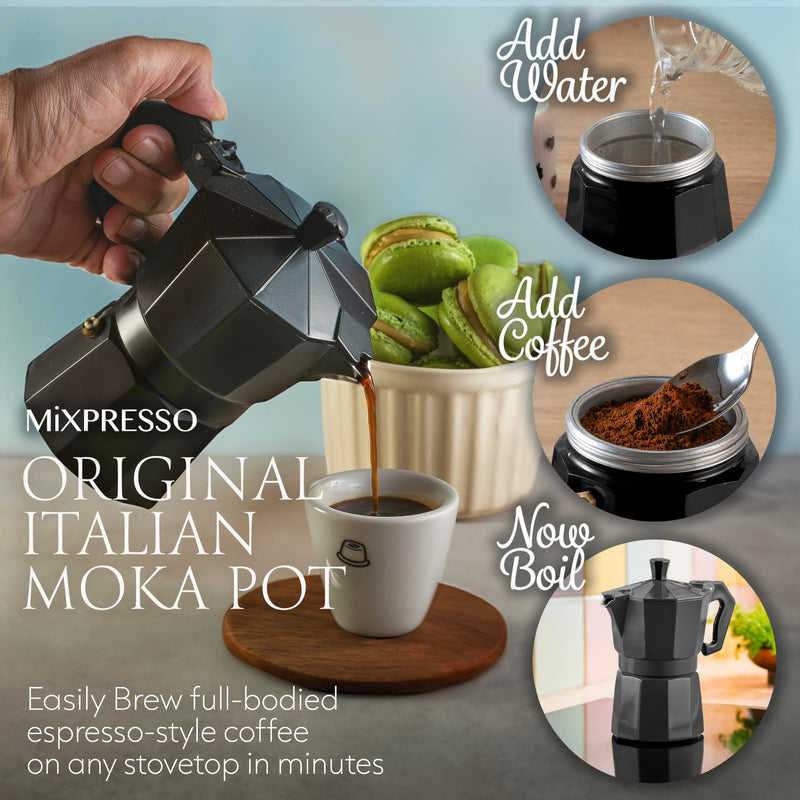 Mixpresso Black 3 Cup Moka Pot Cuban Coffee Maker, Moka Pot for Gas, Electric Stove Top, Classic Italian Coffee Maker, Stovetop Espresso Maker, Camping Pot Makes 3 Espresso Cup 5 Oz 3 Cups Black 3 Espresso Cups