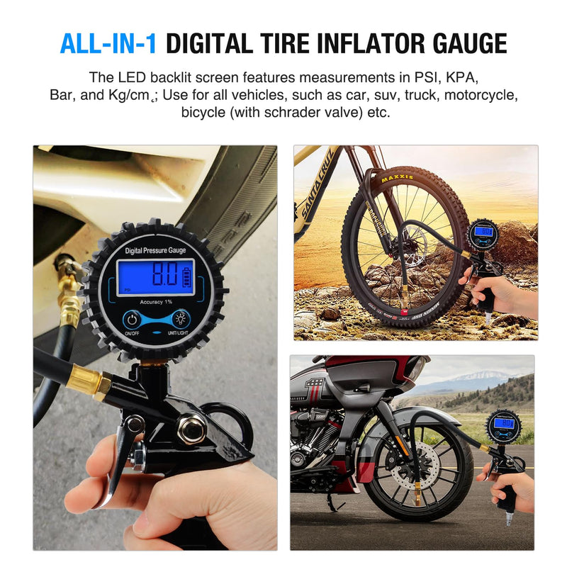 Nilight 50026R Digital Tire Inflator Pressure Gauge,250 PSI Air Chuck and Compressor Accessories Heavy Duty with Rubber Hose Quick Connect Coupler for 0.1 Display Resolution Tire Pressure Gauge Style 1