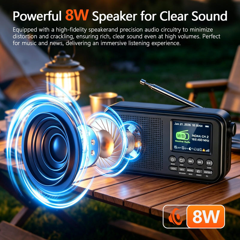 OnLyee Portable FM Radio with Bluetooth, NOAA Weather Alert, Black | 2.4" Color Display, 40 Preset, 8W Clear Sound, 3000mAh Rechargeable, Sleep Timer, MicroSD Playback, Headphone Jack, Home