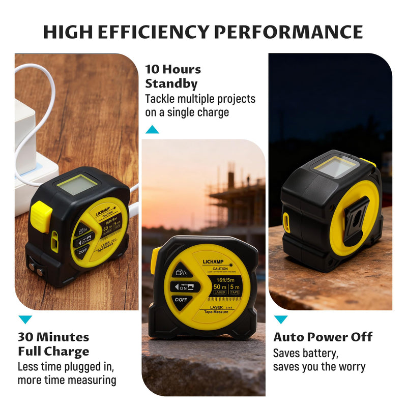 Lichamp Laser Tape Measure, 164ft Class II Laser Distance Meter (0.49mW Red Laser) and 16ft Manual Tape Measure