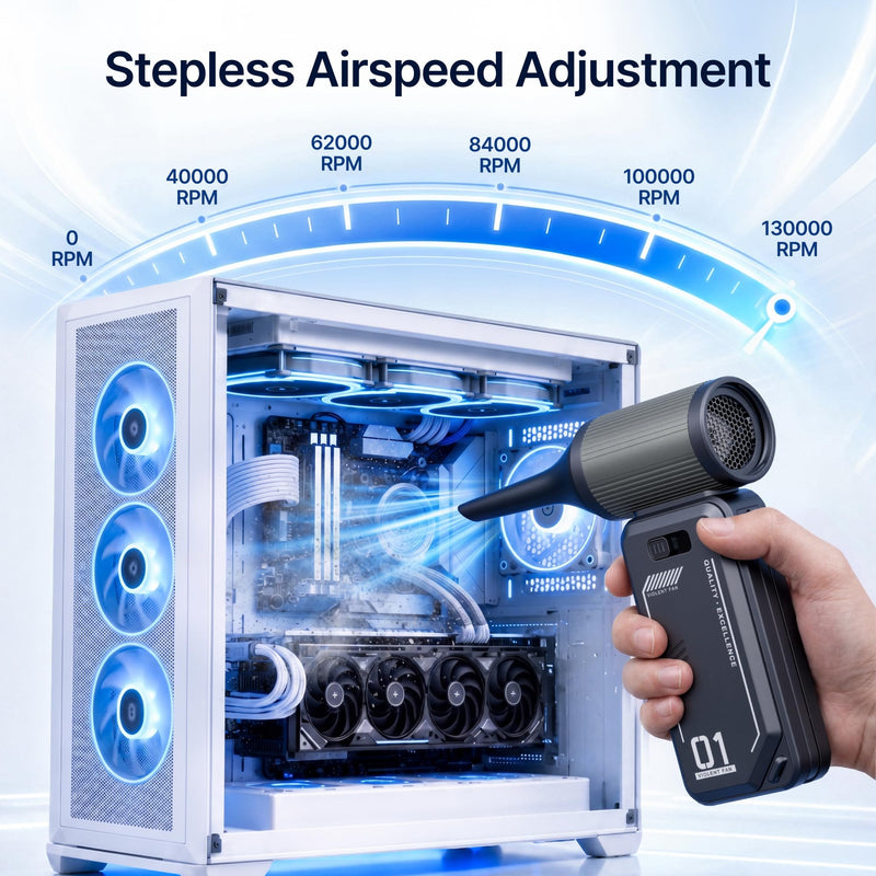 Compressed Air Duster & Vacuum, Stepless Speed, Emergency Charger | Rechargeable Cordless Electric Air Blower with 4 Nozzles, LED Light, 130000RPM, 50 m/s, for Keyboard, PC, Car, Home, Black