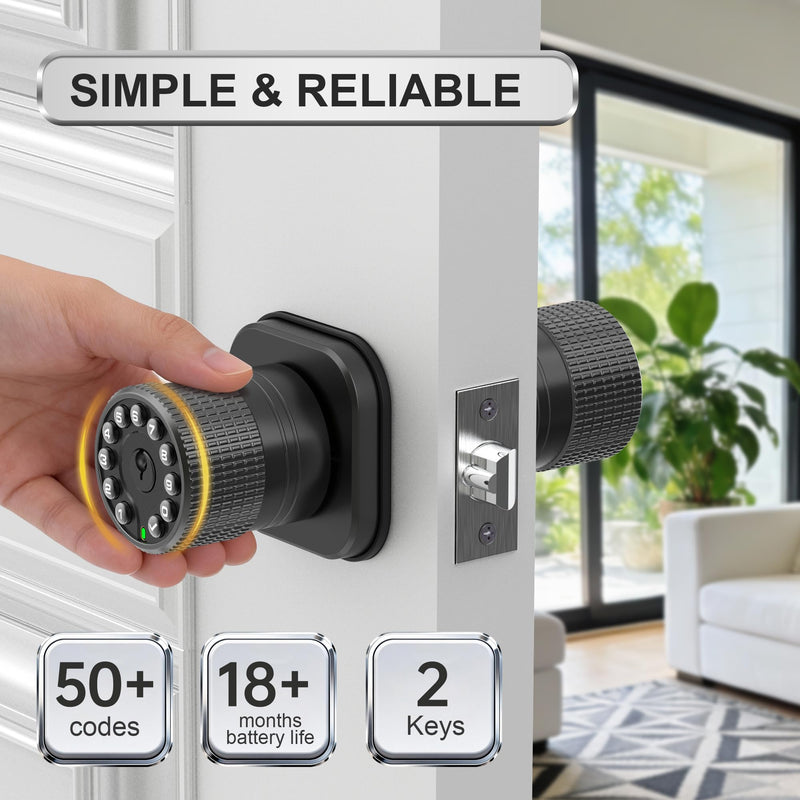 Keyless Entry Knob Lock with Keypad and Key,Auto Lock,Waterproof,Easy to Install and Program, Work with 4 AAA Batteries for Bedroom,Exterior & Interior Doors. (Black with Keypad) Black With Keypad