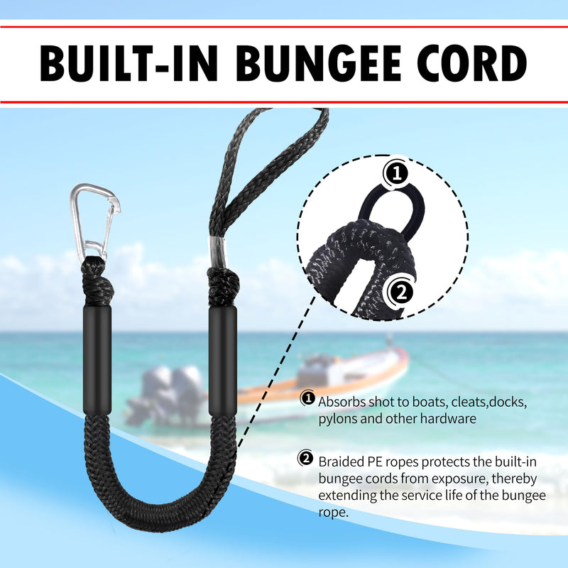 Single Hook Bungee Dock Lines – Adjustable Boat Tie Downs for Pontoon, Jet Ski, PWC, Kayak | Small Cruiser Mooring Lines | 2.5/3/4/7/14ft (2, Black, 2.5 FEET)