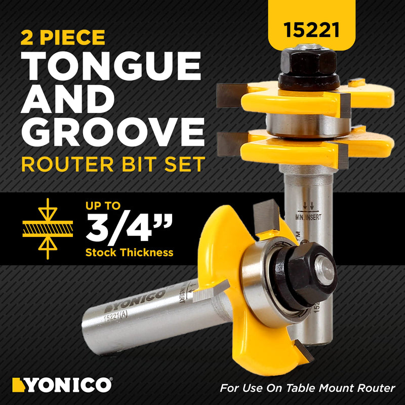 YONICO Tongue and Groove Router Bits Set for 3/4-Inch Stock 1/2-Inch Cutting Depth 1/4-Inch Tongue 2 Bit 1/2-Inch Shank 15221 Up to 3/4" Stock - 1/2" Depth - 1/2" Shank