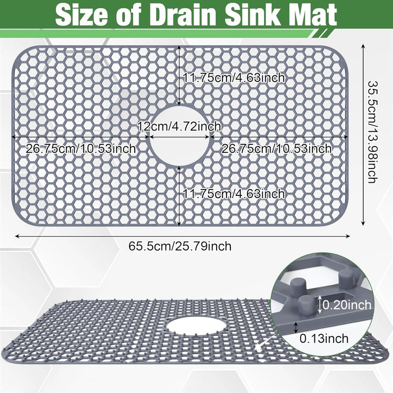 Sink Protectors Mat - 25.79"x13.98" Kitchen Sink Pad for Bottom of Basin for Protection of Stainless Steel and Tableware, Farmhouse Rubber Basin Mat Protector with Center Drain - Light Gray 25.79"x13.98" - Center Drain