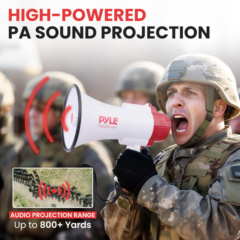Pyle 30W Megaphone Bullhorn with Built-in Siren, Voice Recorder, and 1700-Yard Range, Featuring Adjustable Volume Control, Ergonomic Pistol Grip, and Convenient Folding Handle for Indoor/Outdoor Use