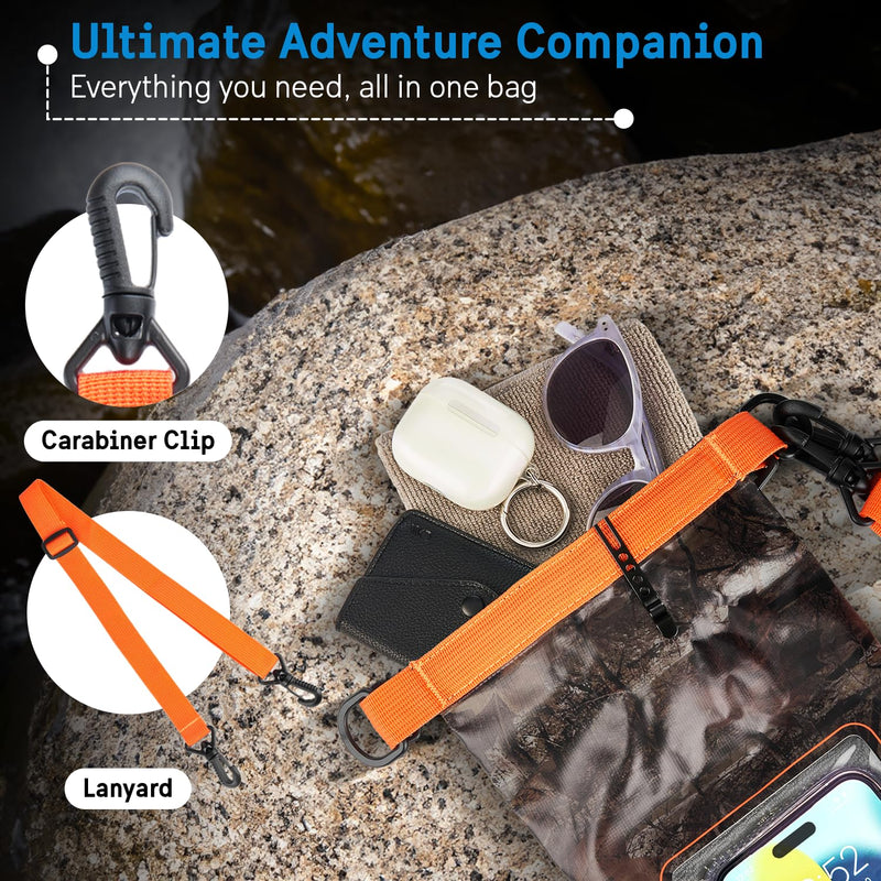 Pelican Marine IP68 Waterproof Dry Bag 2L w/Phone Pouch/Case - Hunter Camo | Roll Top Waterproof Backpack with Touchscreen Phone Pouch - Swimming, Kayaking, Camping, Rafting, Fishing & Travel Essentials Hunter Camo - 2L