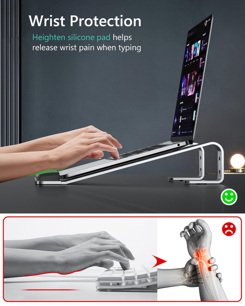 Aluminum Laptop Stand, Notebook Stand with Wrist Rest, Ergonomic Detachable Laptop Mount, Computer Stand Compatible with 10-17'' All Laptops Such as MacBook Air Pro/HP/Dell/Lenovo, Silver