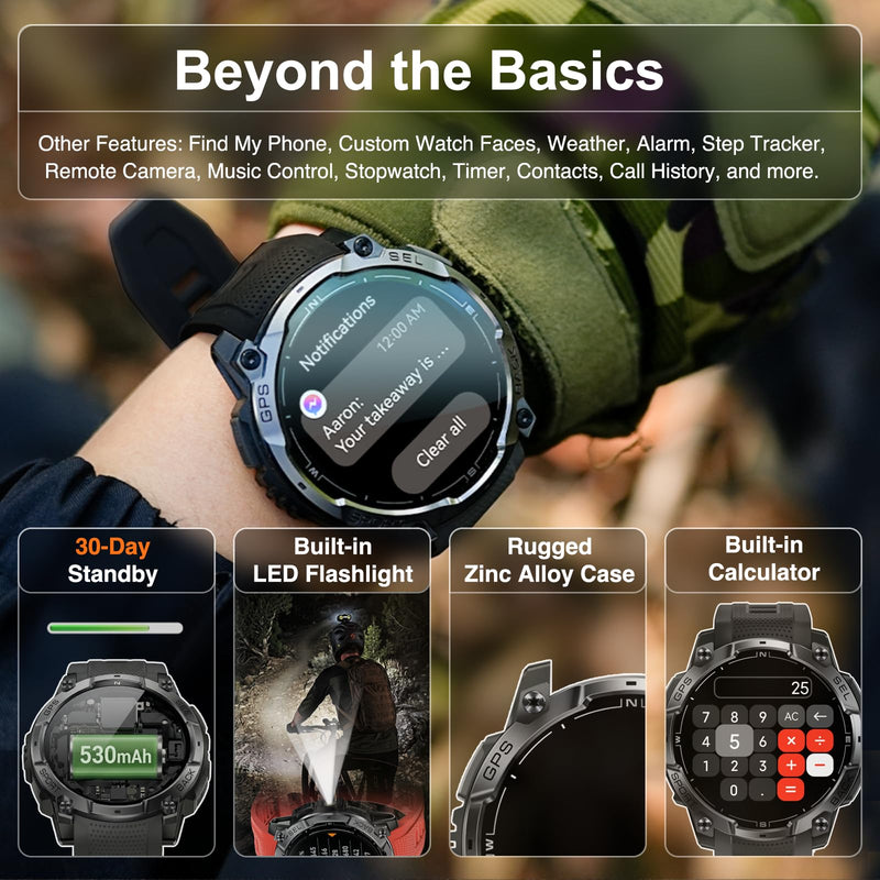 Military Smart Watches for Men, Built-in GPS & Compass, 30-Day Standby | 1.43" AMOLED Rugged Outdoor with LED Flashlight, Barometric Altimeter, 170+ Sports Modes, Compatible with Android & iPhone Black