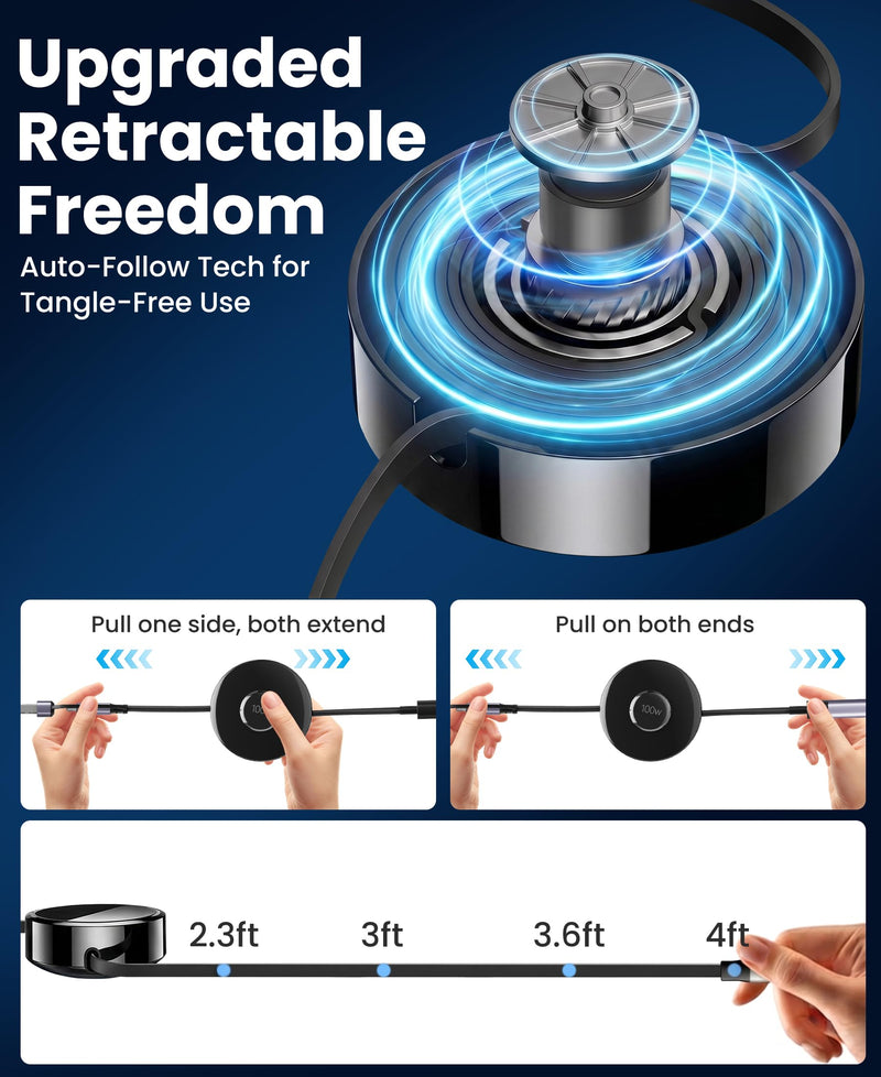 100W Retractable 2X USB-C Charging Cable with Apple Watch Charger - 3-in-1 Dual USB C (100W/10W) and iWatch Fast Charger, Portable Travel Multi Charge Cord for iPhone 15/16/17, iPad, Android, MacBook