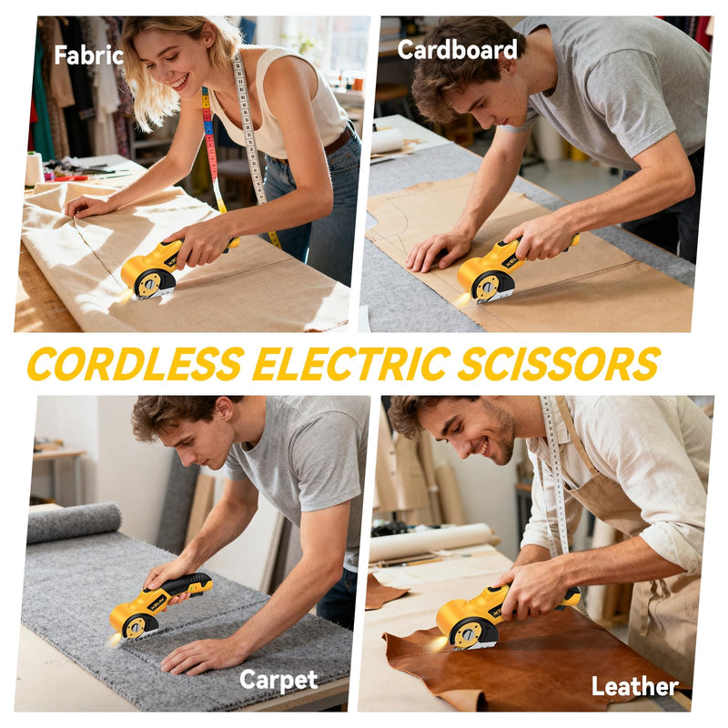 2026 New 3000mAh Cardboard Box Cutter with 2 Titanium Blades, Cordless Electric Scissors with Safety Lock & LED Light, Storage Box, 300RPM, 4V, Cutter for Fabric Carpet Carton Plastic Leather Cloth Yellow-orange 2