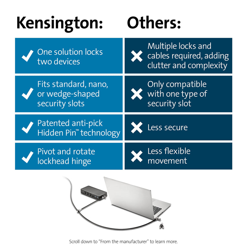 Kensington Universal 3-in-1 Keyed Cable Lock - Twin Lockheads for Laptops & Other Devices (K63380WW)