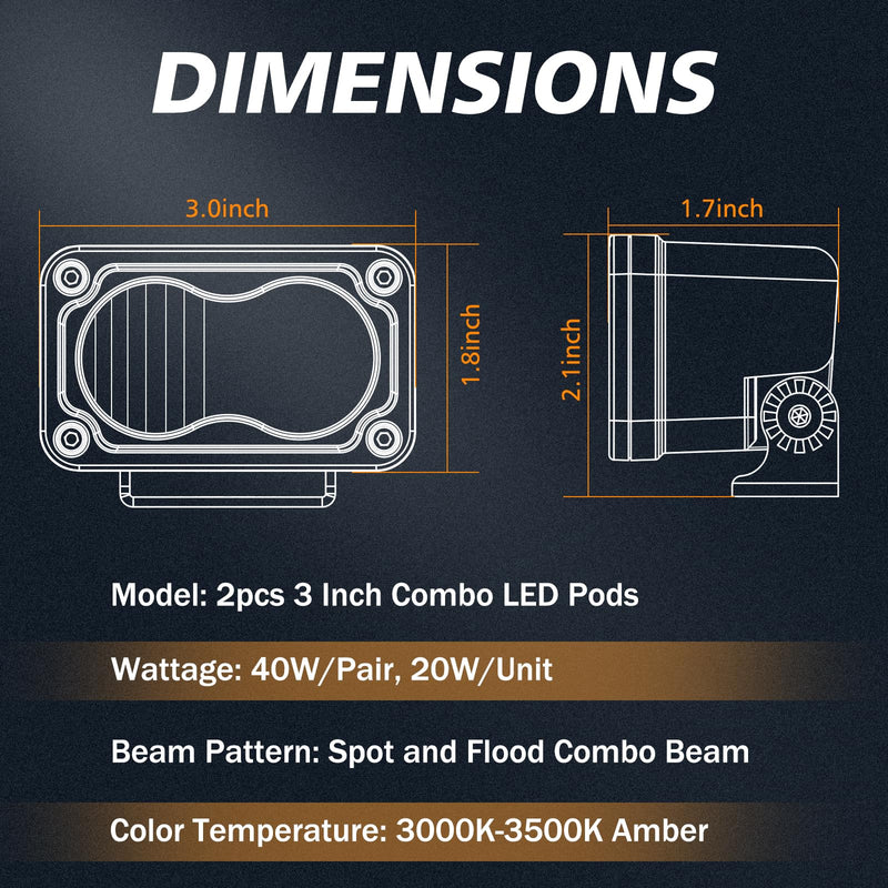 Amber LED Pods, Rfroad Lighting 3 Inch 40W LED Chase Light Ditch Lights Spot Flood Combo Small LED Pods Light Fog Lights LED Cubes 2 Packs for Motorcycle Truck UTV SUV ATV Dirt Bike Boat Offroad Amber Combo