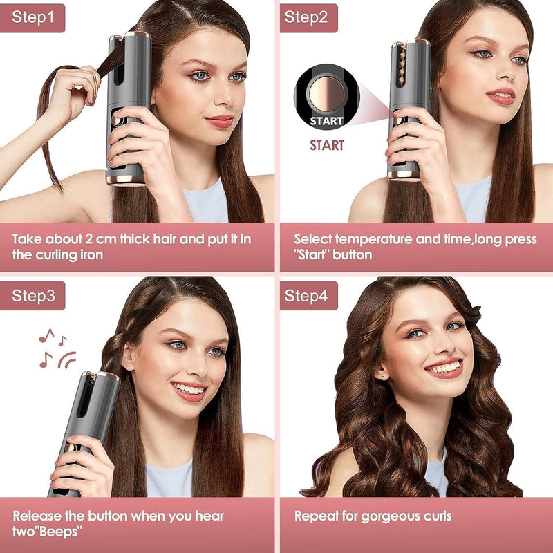 Automatic Hair Iron, Cordless Hair Curler PTC Ceramic Hair Curling Negative Ion Portable 5000mAh Rechargeable USB Anti-Tangle 6 Temperature & Timer 10min Auto Off Curling Wand for Home/Travel Use