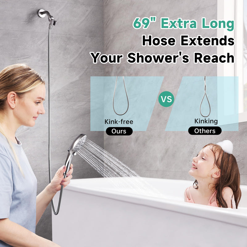 BRIGHT SHOWERS High Pressure Shower Head with Handheld, 9 Spray Settings Showerhead Built in Power Wash to Clean Tub and Pets, Extra Long 69" Hose, Adjustable Bracket, Brushed Nickel 2.5 GPM | 9 Modes