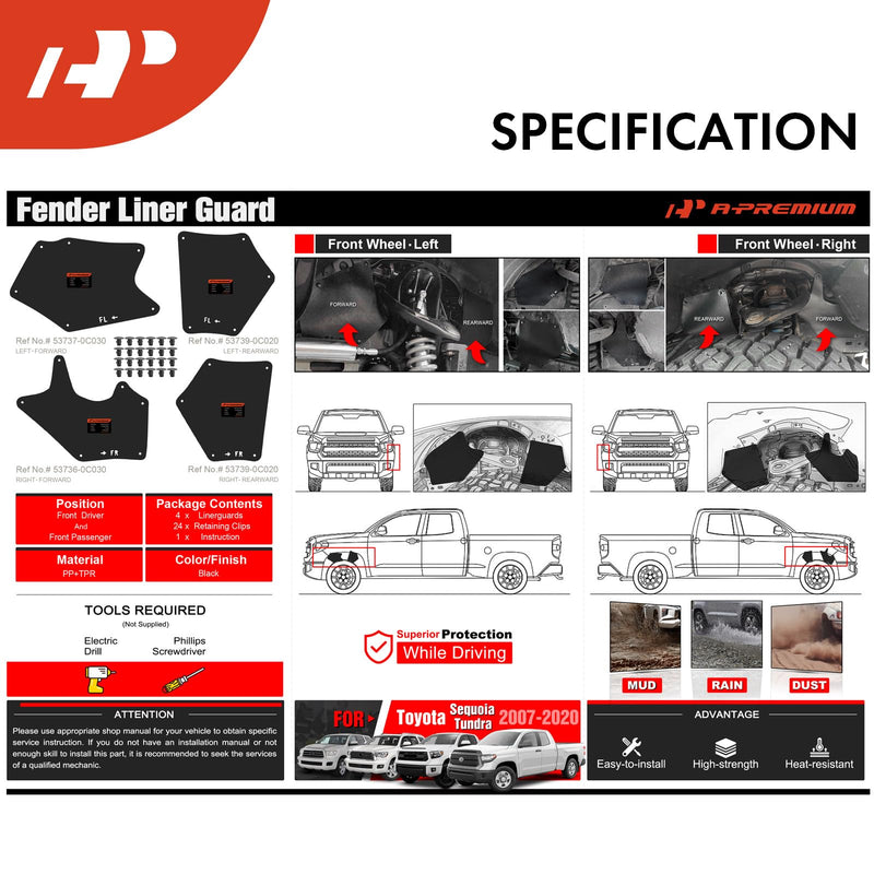 A-Premium Splash Guards Fender Liner Shields Compatible with Toyota Tundra Sequoia 2007-2020 Front and Rear 4-PC Set For Tundra Sequoia 2007-2020