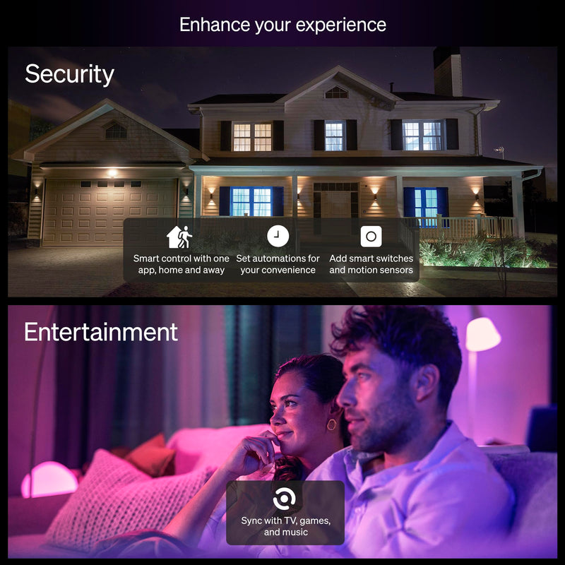 Philips Hue Essential Smart LED A19 Bulb 4-Pack, White and Color Ambiance, E26, 7.2W, 2200K-6500K, 800 Lumens, Dimmable LED Bulbs, Works with Alexa, Google Assistant, Apple Home 4 Pack