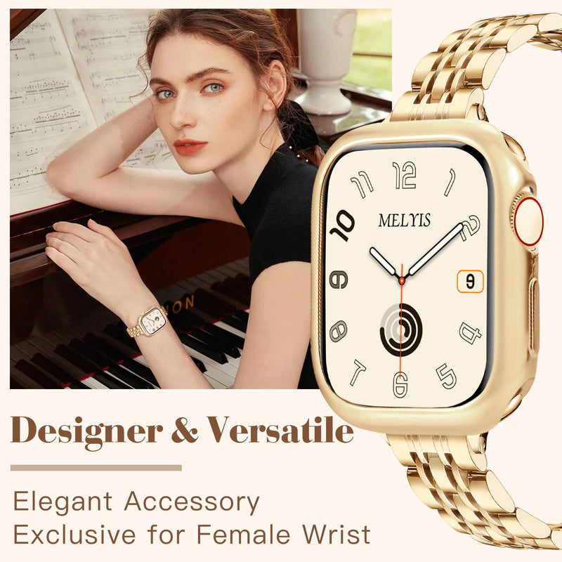 Melyis Slim Stainless Steel Band Fits Apple Watch Bands for Women 45mm 44mm 42mm(Series 3 2 1), Thin Metal iWatch Band with TPU Protective Case for Apple Watch Band Case Series 9 SE 8 7 6 5 4, Gold 42mm/44mm/45mm
