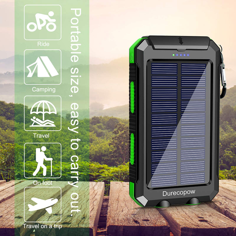 Solar Charger, 20000mAh Portable Outdoor Waterproof Solar Power Bank, Camping External Backup Battery Pack Dual 5V USB Ports Output, 2 Led Light Flashlight with Compass (Green) Green