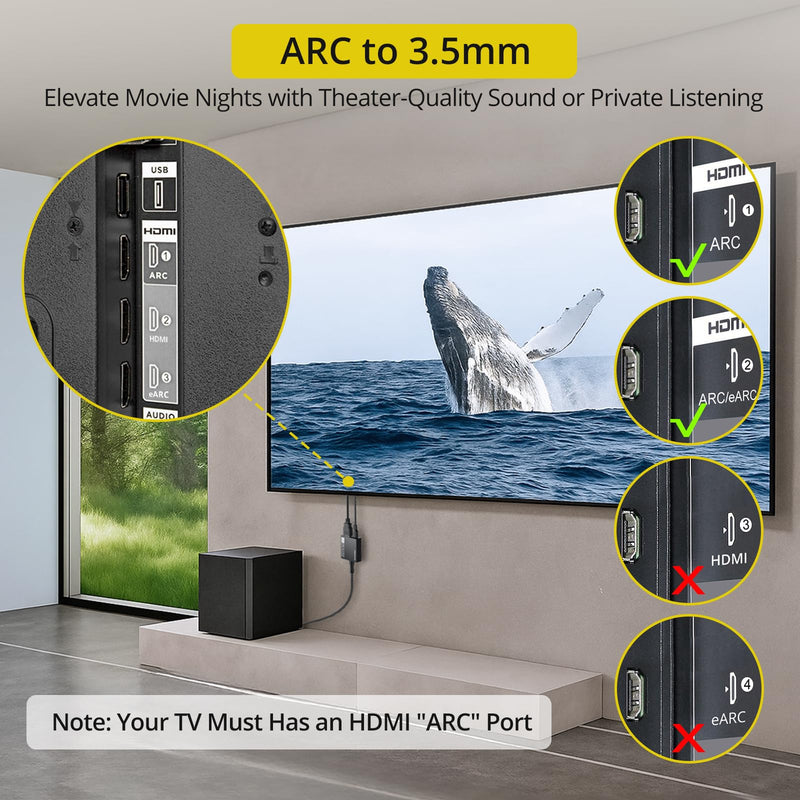 PROZOR 192KHz HDMI ARC to 3.5mm L/R Audio Adapter, 3.3ft/1m ARC Audio Extractor, TV HDMI(ARC) to RCA Converter with 3.5mm to RCA Cable, Adjustable Volume(CEC), for TV to Speaker Amplifier Soundbar HDMI-ARC to R/L