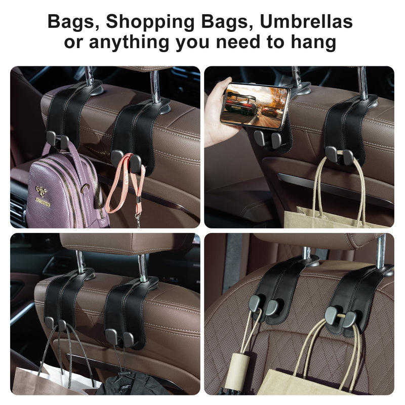 CoBak Purse Hook for Car - Universal Premium Stitched Leather and Aluminum-Magnesium Alloy Double Car Seat Back Storage Hook for Purses, Handbags, Bags (2 Pack),Black Black Double-Hooks