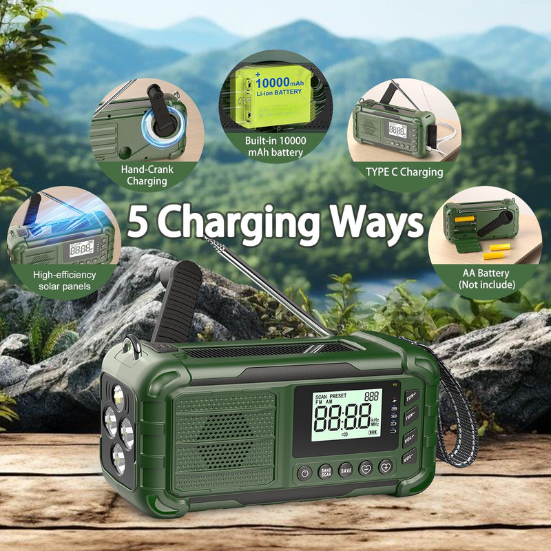 Emergency NOAA Weather Radio, 10000mAh, Solar Hand Crank Radio with AM/FM | Battery Backup, Emergency Cell Phone Charger, Flashlight with Red Blue Warning Light, SOS Alarm, for Camping Hiking Survival Army Green