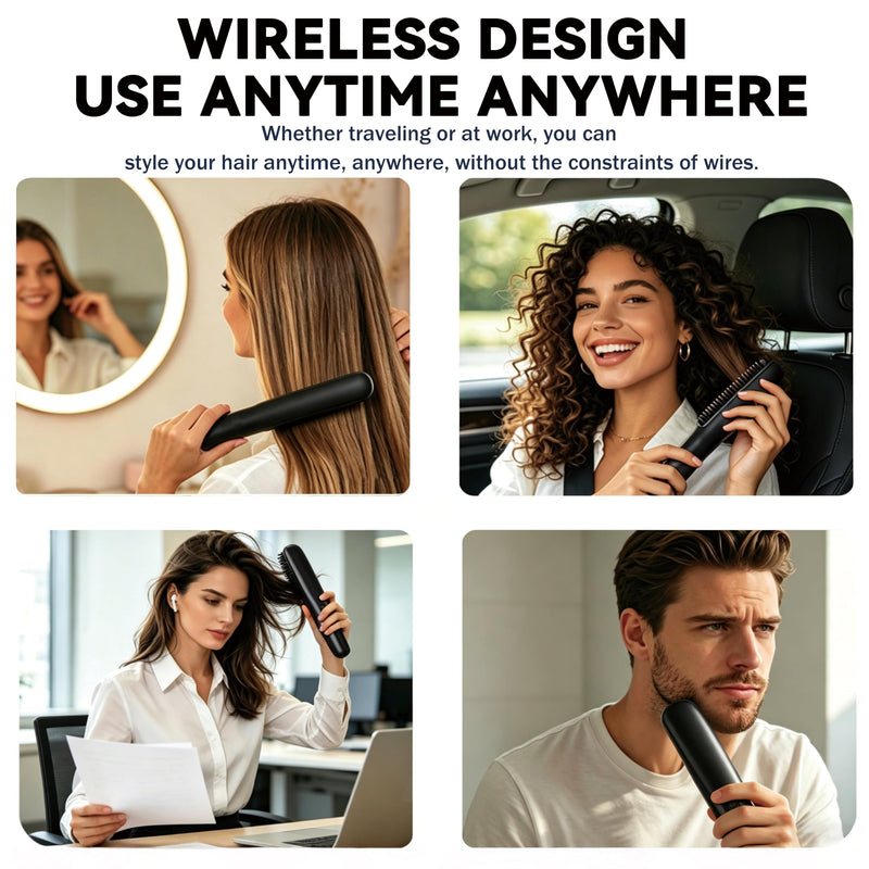 Wireless Straightening Brush, Bwaliffury Portable Brush Smoothing 2 in 1.160 °C - 200 °C, 3 Temperature Settings, LED Display, Brosse Coiffant, Ceramic Coating, for Home and Salon, Hair and Beard