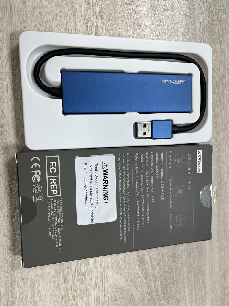 USB Hub, USB 3.0 Hub Aluminum Alloy Ultra Slim USB Splitter, Portable 4 Port USB Extender, USB Hub for Laptop, PC, MacBook, iMac, Surface Pro, Mac Pro, Flash Drive, XPS 【Blue】 0.8 Ft/0.25M Blue-Aluminum Alloy